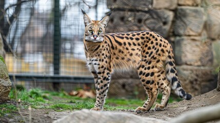Obraz premium A serval cat stands gracefully in a natural habitat, showcasing its unique spotted coat and alert demeanor