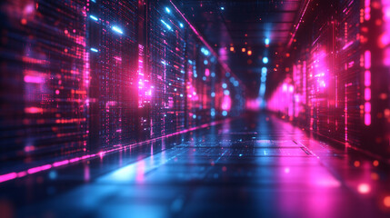 Abstract blue grid design with futuristic lighting, symbolizing technology, connectivity, and innovation. A perspective view creating a sense of depth and motion, representing the future landscape of 