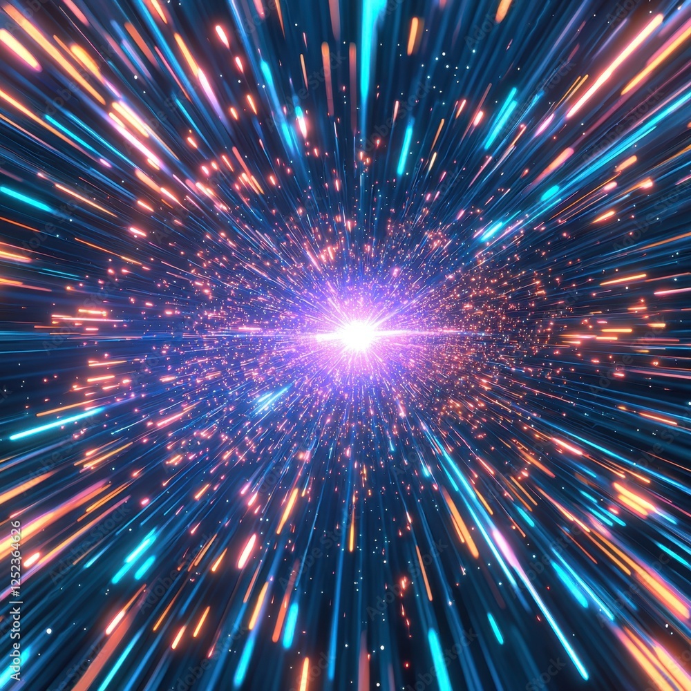 Poster futuristic digital burst with streaks of glowing light emanating from a central point in space.