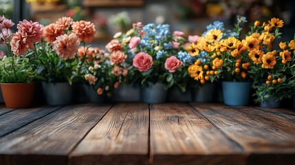 Rustic wood surface with blurred background of a florist shop decorated with bright floral bouquets