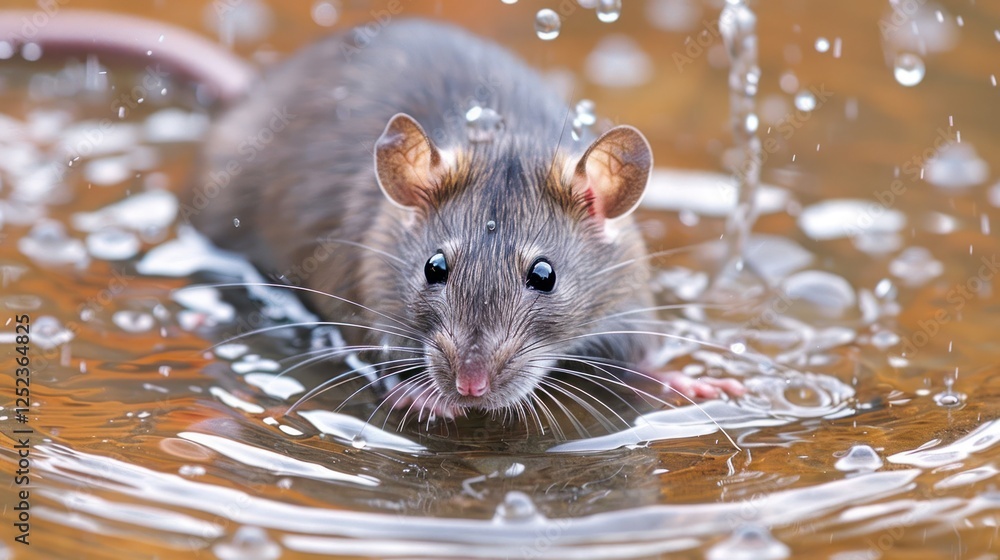 Poster a close-up of a water-drenched rat splashing in a puddle, surrounded by droplets in a natural settin