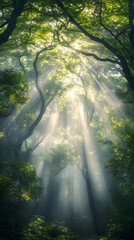 Naklejka premium Sunbeams in misty forest