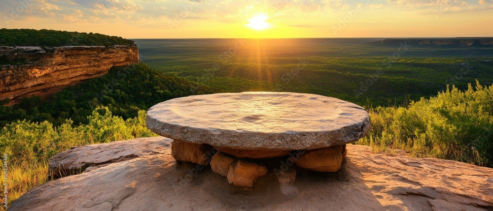 Poster rock with a bench on top and a mystical stone altar in a forested setting