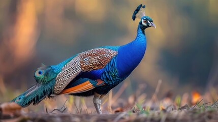 Fototapeta premium Vibrant peacock displaying its feathers in a lush, blurred natural setting during sunset