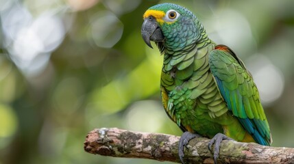 Obraz premium Vibrant green parrot perched on a branch amidst lush foliage in a tropical rainforest