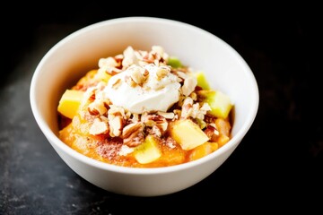 Creamy sweet potato mash topped with nuts and butter in a spacious setting