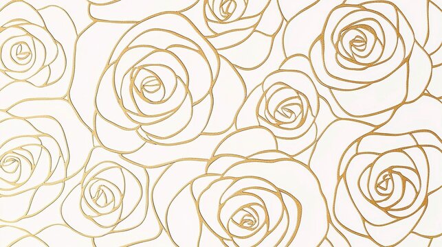 Abstract seamless pattern featuring rose flower outlines with golden lines on a white background, designed for wedding invitations, packaging, or elegant wallpaper. Vector illustration.  
