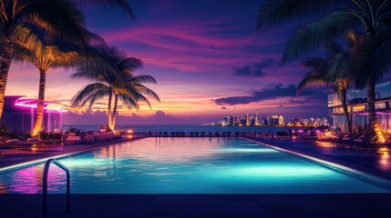 Fototapeta premium Tropical poolside sunset, city skyline, vacation relaxation