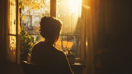 Senior woman sitting peacefully by a window, reflecting at home.