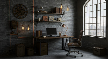 Industrial Office Interior with Desk, Chair and Brick Wall Design