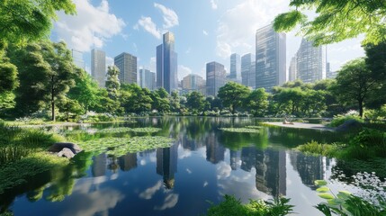 Naklejka premium Lush park with greenery and skyscrapers showcasing cityscape harmony.