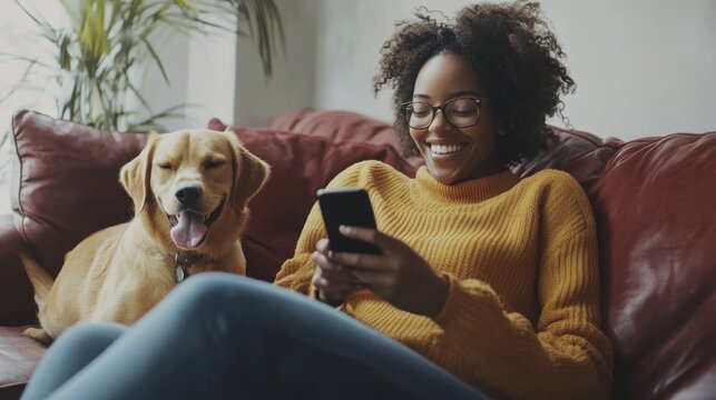 Smiling woman lounging on a sofa with her dog and mobile phone.