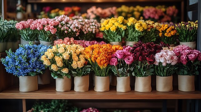 Smooth wood counter with a softly blurred florist boutique showcasing cascading flower displays