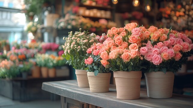 Smooth wood counter with a softly blurred florist boutique showcasing cascading flower displays
