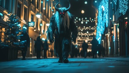 Fototapeta premium Nighttime City Stroll of a Figure in a Dark, Furry Costume with Horns, Walking Through Festive Lights