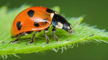 Fototapeta premium Close-up of a vibrant ladybug perched on a green leaf, showcasing nature's beauty and detail