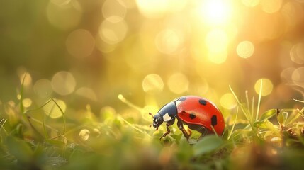 Close-up of a vibrant ladybug crawling on green grass with a glowing background of sunlight