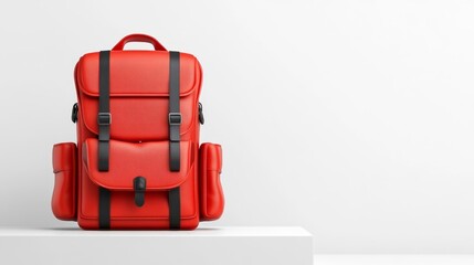 Naklejka premium Stylish Bright Red Backpack with Adjustable Straps on White. Generative AI