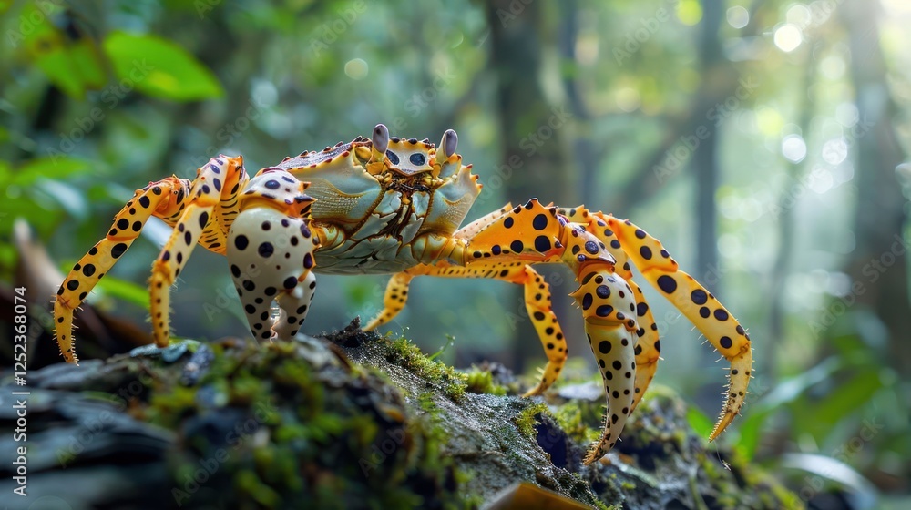 Poster colorful crab with distinctive patterns on a mossy log in a lush forest environment
