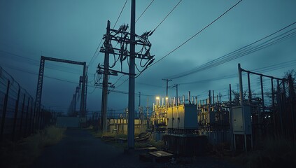 Night's Electrical Substation: Power Transmission Lines and Transformers at Dusk