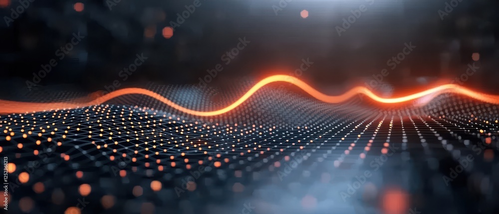Poster a vibrant, flowing wave of light traverses a grid of glowing dots, creating a dynamic and futuristic