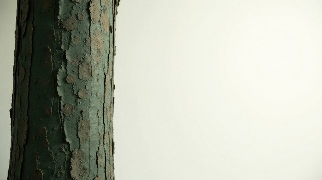 Close-up view of a textured surface with a mottled, aged appearance, exhibiting a pattern of peeling or flaking paint in shades of green and brown against a neutral backdrop.