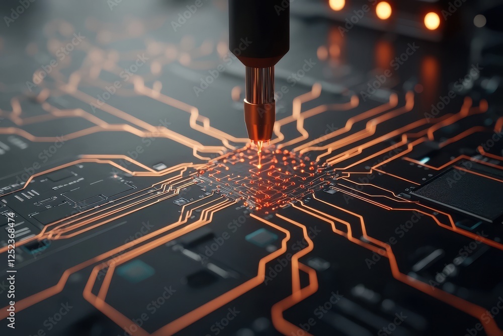 Poster a close-up of a circuit board with glowing orange pathways, highlighting intricate electronic connec