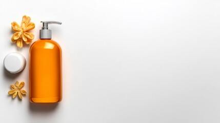 Obraz premium Orange Shampoo Bottle with Floral Design on White Background. Generative AI