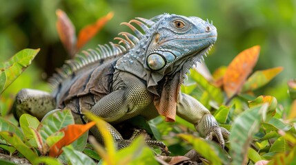 Obraz premium Colorful iguana perched among vibrant green foliage, showcasing its unique features in nature