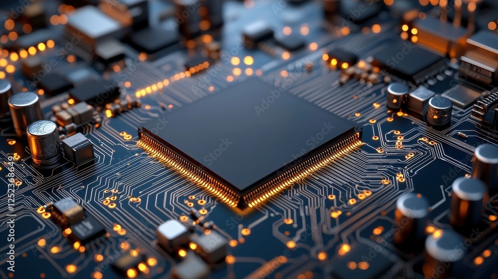 Poster a detailed close-up of a circuit board featuring a central microprocessor surrounded by various elec
