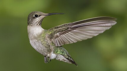 Fototapeta premium A vibrant hummingbird in mid-flight showcasing its iridescent feathers against a blurred green background