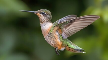 Fototapeta premium Vibrant hummingbird in mid-flight, showcasing iridescent feathers against a blurred green backdrop