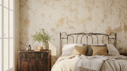 Vintage Inspired Bedroom with Wrought Iron Bed and Rustic Decor