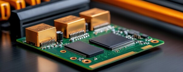 A close-up view of a green circuit board featuring gold components, showcasing advanced electronic design and technology.