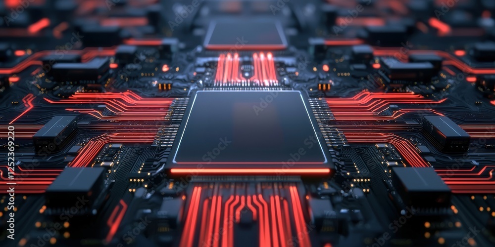 Poster a close-up of a circuit board featuring intricate patterns and glowing red lines, highlighting advan