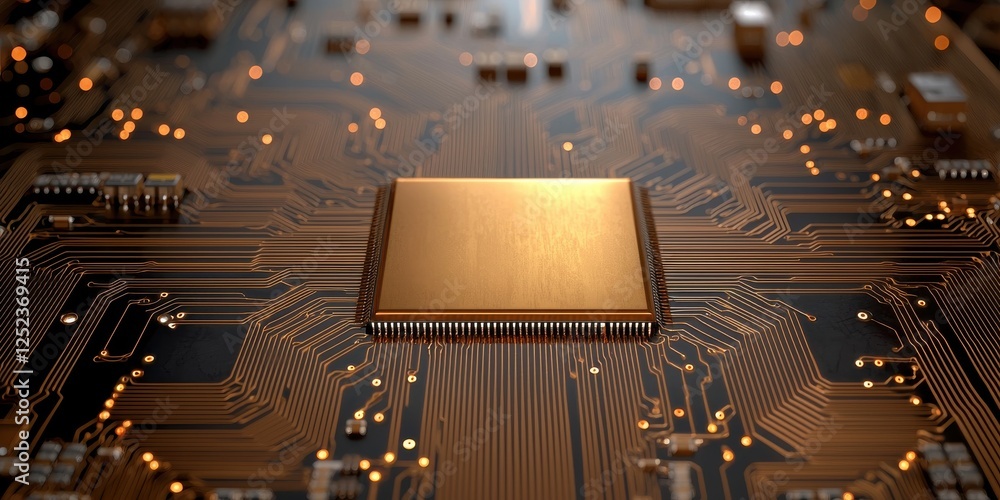 Poster a close-up view of a circuit board featuring a prominent golden microchip, showcasing intricate path