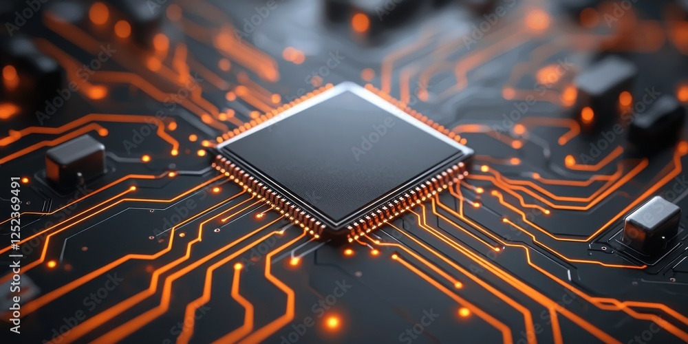 Poster a close-up view of a microchip on a circuit board, featuring intricate orange circuitry on a dark ba