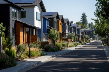 Row of modern houses with solar panels on street with green background for sale ads
