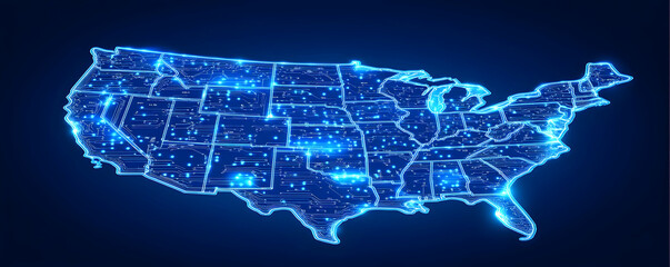 USA map, glowing states, network