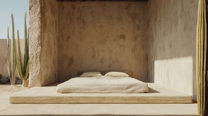 Minimal Oasis Bedroom in Desert with Natural Textures and Cacti