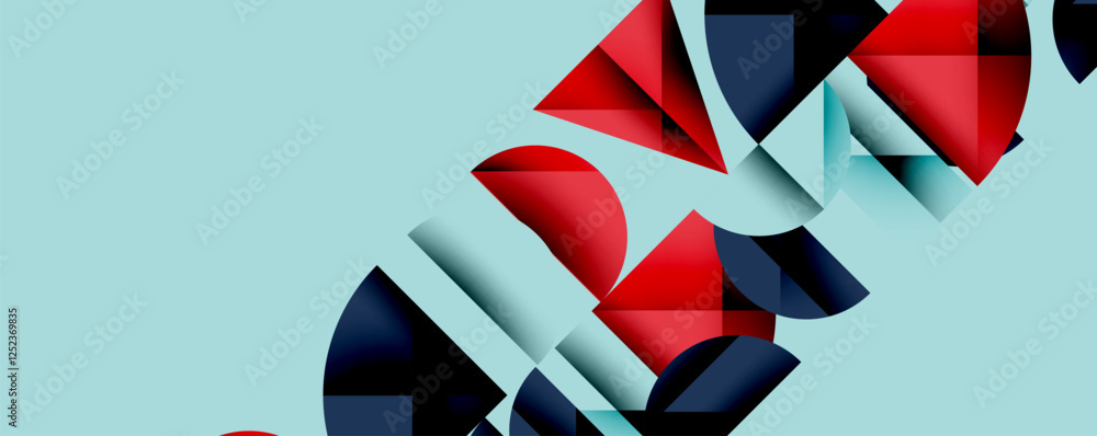 Poster Abstract geometric background with layered gradient shapes forming dynamic patterns. Overlapping semi circles and triangles create depth and contrast
