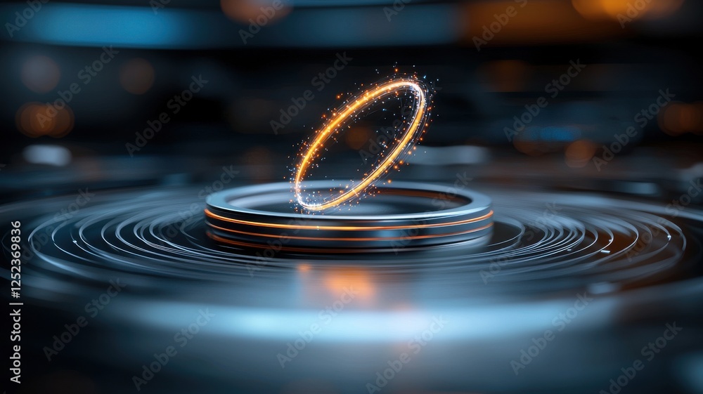 Poster a glowing ring hovers above a reflective surface, surrounded by concentric circles and a soft glow, 