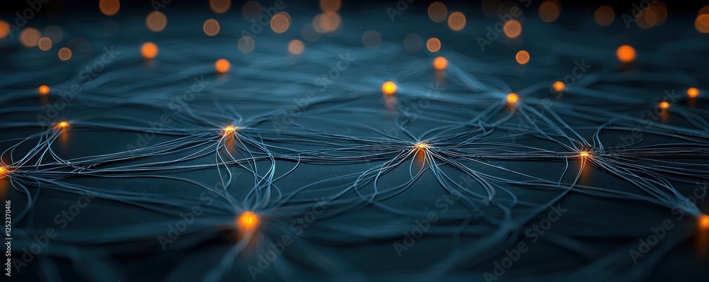 Poster a mesmerizing abstract image depicting glowing nodes interconnected by intricate, flowing lines agai