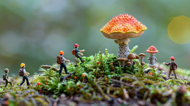 Miniature hikers exploring a vibrant, oversized mushroom in a lush forest setting.