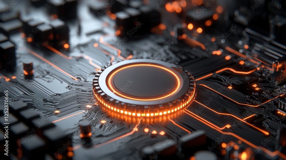 Aufkleber a close-up of a circuit board with glowing orange elements, showcasing intricate electronic componen