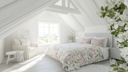 Bright Attic Bedroom Conversion with Floral Decor and Skylights