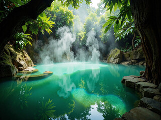 Tranquil Oasis: A Natural Hot Spring Surrounded by Lush Greenery
