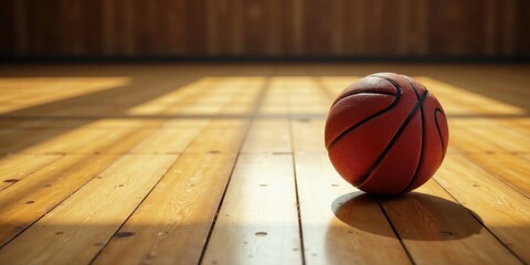 Naklejka premium A lone basketball rests on a sunlit hardwood floor, casting a shadow, a moment of quiet contemplation before the game