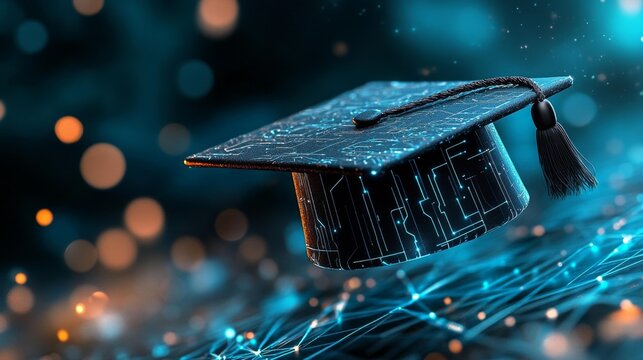 Futuristic Graduation Cap on Digital Circuit Background Concept Art. Generative AI