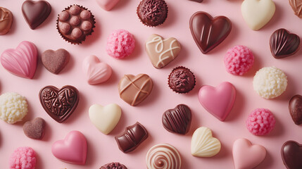 Exquisite heart-shaped chocolates and sweets sweet delights colorful background food photography aesthetic treats